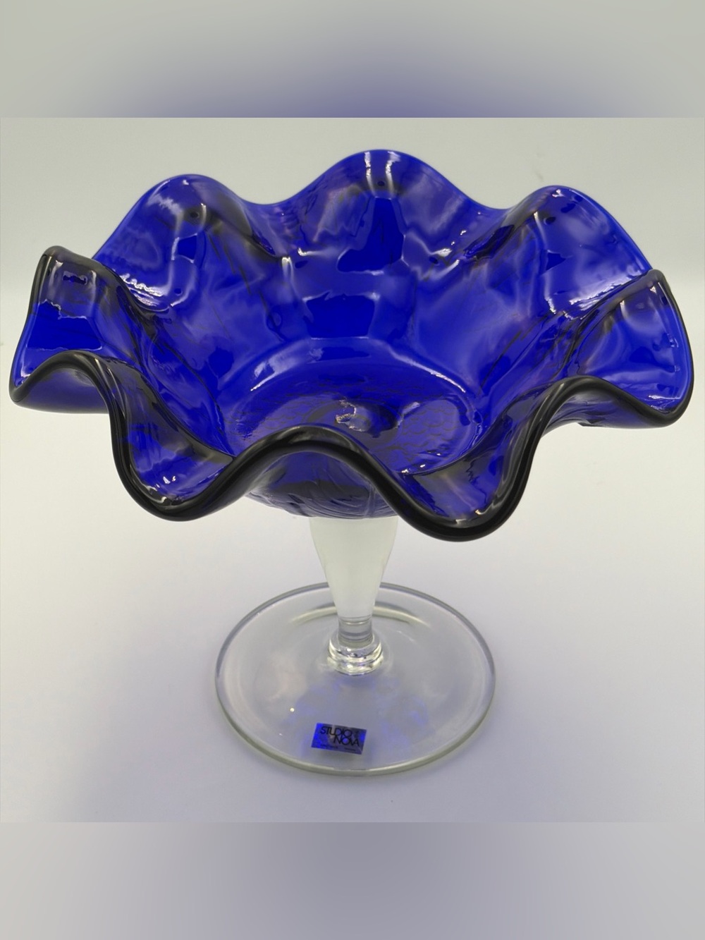 Cobalt Blue Hand Blown Art Glass Pedestal Compote Bowl Ruffled Edge Studio Nova